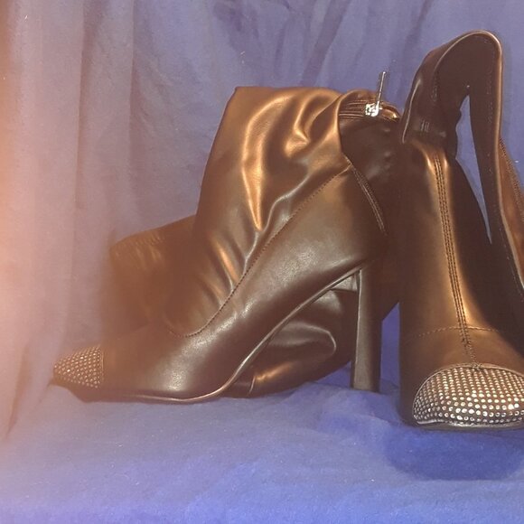 Black Rhinestone Closed Toe Thigh High Heels Boots - Picture 7 of 7